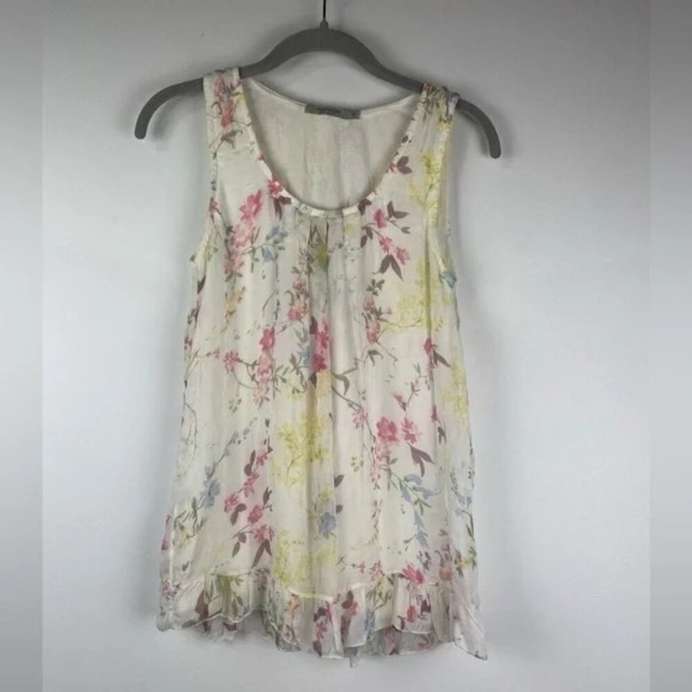 Tendenze Italy Silk Sleeveless Ruffle Hem Floral Top Ivory/Multi Pastel, Sz S